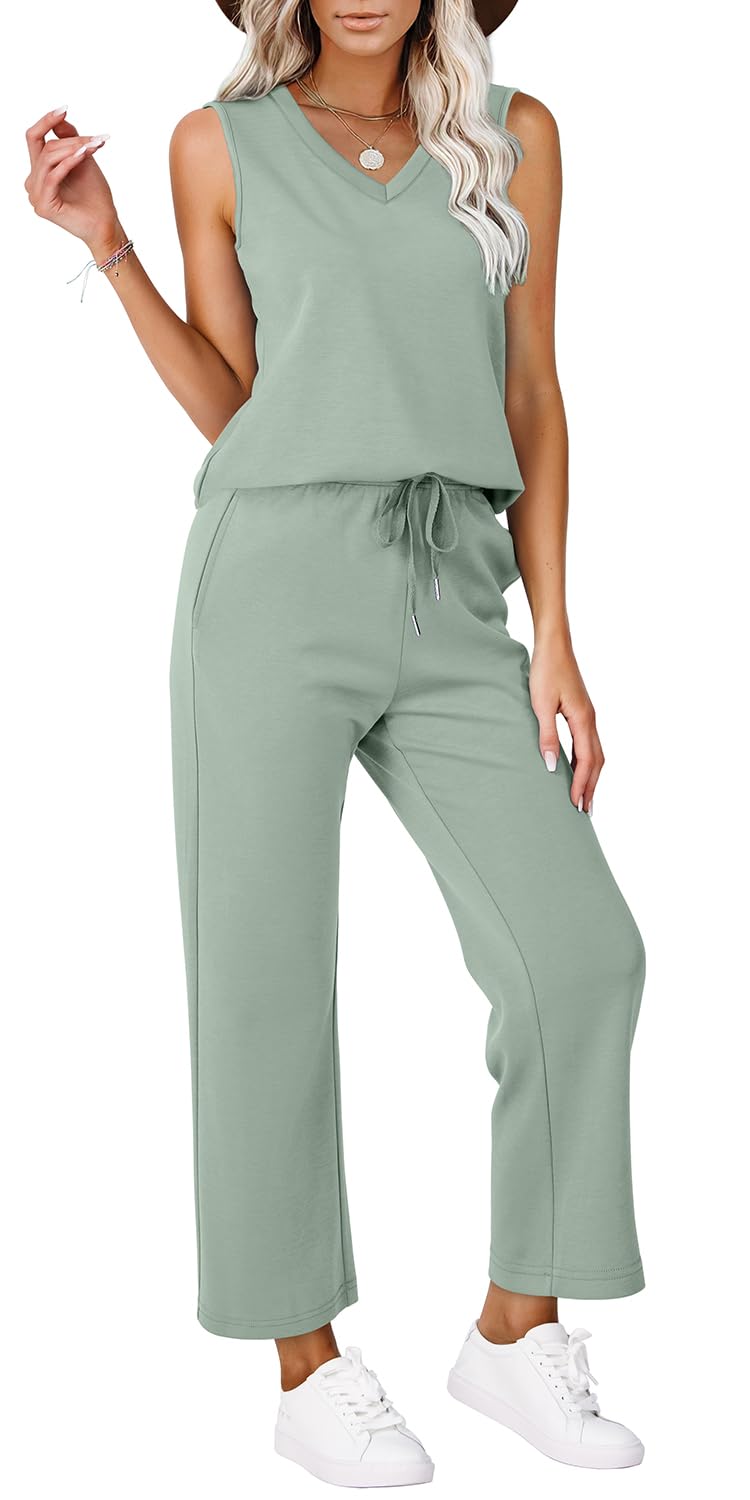 WIHOLL Two Piece Set for Women Summer Outfits Vacation Trendy Lounge Sets V Neck Matching Sets - 7DAY'S