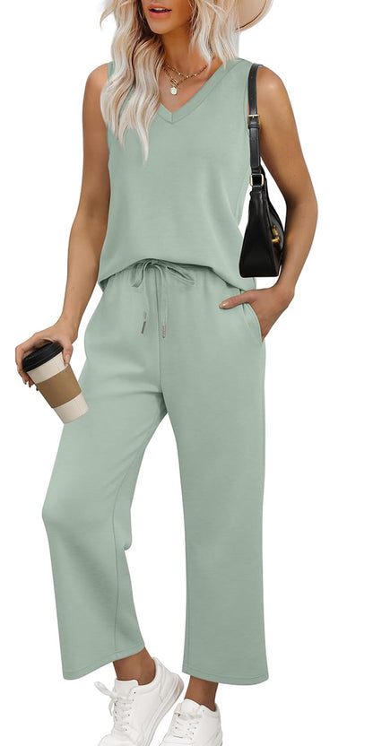WIHOLL Two Piece Set for Women Summer Outfits Vacation Trendy Lounge Sets V Neck Matching Sets - 7DAY'S
