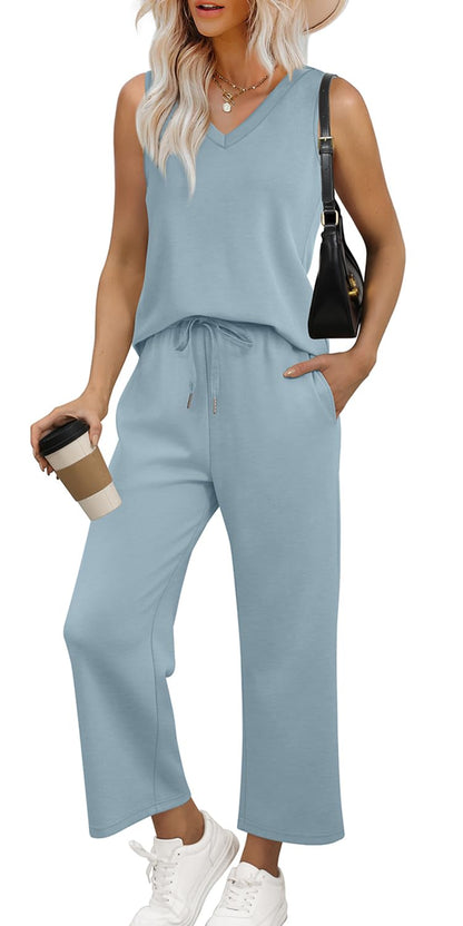 WIHOLL Two Piece Set for Women Summer Outfits Vacation Trendy Lounge Sets V Neck Matching Sets - 7DAY'S