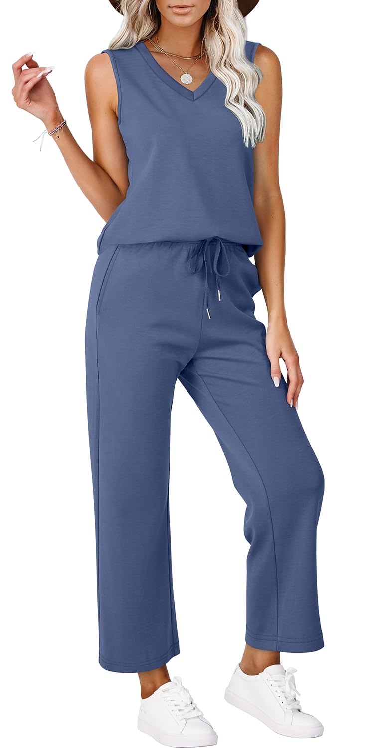 WIHOLL Two Piece Set for Women Summer Outfits Vacation Trendy Lounge Sets V Neck Matching Sets - 7DAY'S