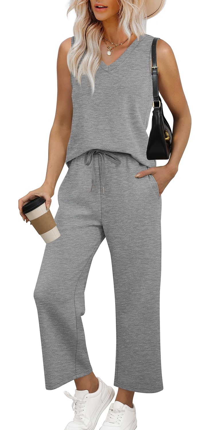 WIHOLL Two Piece Set for Women Summer Outfits Vacation Trendy Lounge Sets V Neck Matching Sets - 7DAY'S
