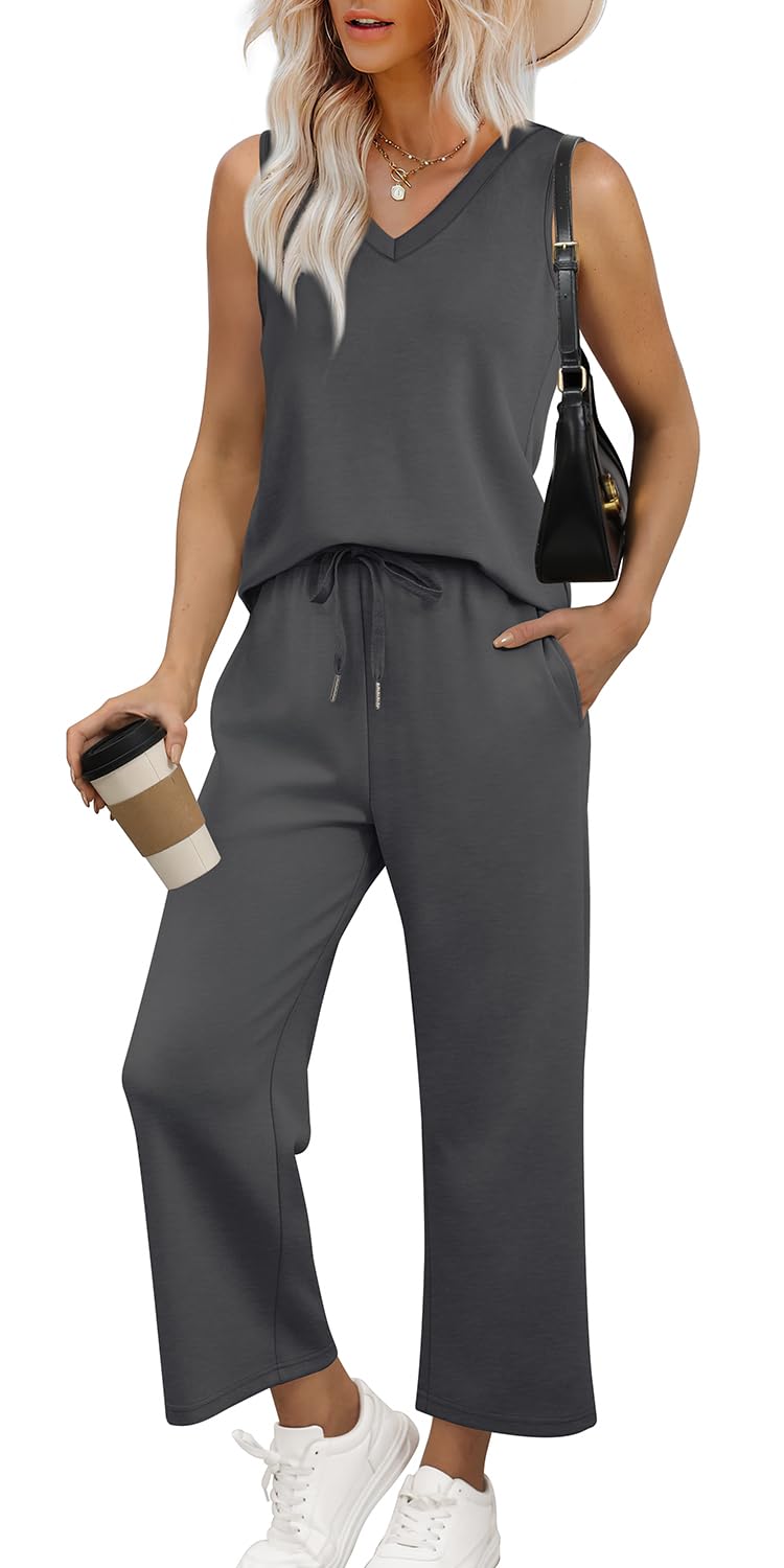 WIHOLL Two Piece Set for Women Summer Outfits Vacation Trendy Lounge Sets V Neck Matching Sets - 7DAY'S