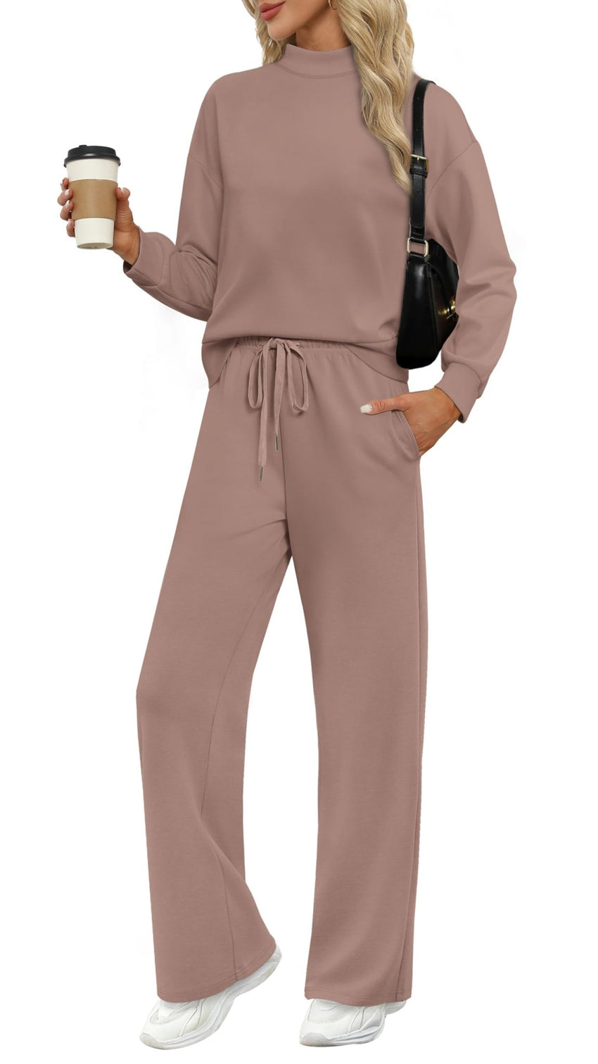 WIHOLL Two Piece Sets for Women Fall Outfits Lounge Sets Mock Neck Tops Wide Leg Pants Vacation Travel Airport Outfits - 7DAY'S