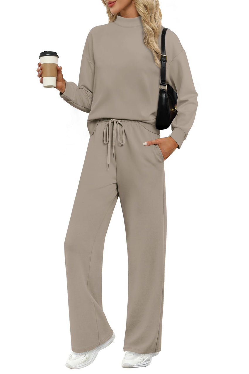 WIHOLL Two Piece Sets for Women Fall Outfits Lounge Sets Mock Neck Tops Wide Leg Pants Vacation Travel Airport Outfits - 7DAY'S