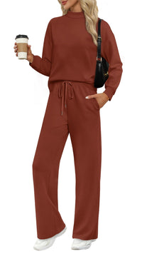 WIHOLL Two Piece Sets for Women Fall Outfits Lounge Sets Mock Neck Tops Wide Leg Pants Vacation Travel Airport Outfits - 7DAY'S