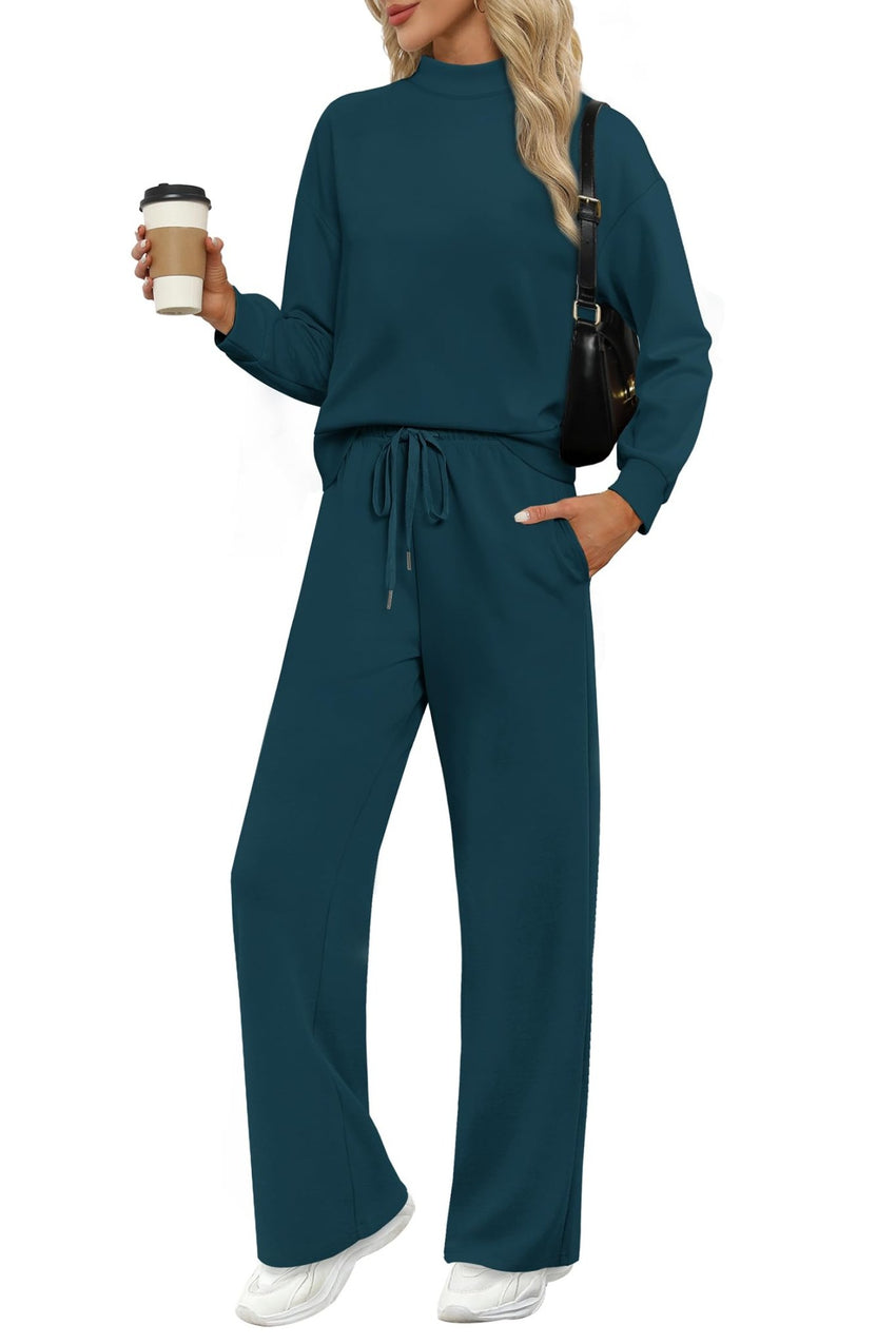 WIHOLL Two Piece Sets for Women Fall Outfits Lounge Sets Mock Neck Tops Wide Leg Pants Vacation Travel Airport Outfits - 7DAY'S