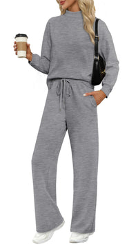 WIHOLL Two Piece Sets for Women Fall Outfits Lounge Sets Mock Neck Tops Wide Leg Pants Vacation Travel Airport Outfits - 7DAY'S