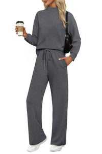 WIHOLL Two Piece Sets for Women Fall Outfits Lounge Sets Mock Neck Tops Wide Leg Pants Vacation Travel Airport Outfits - 7DAY'S
