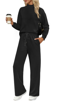 WIHOLL Two Piece Sets for Women Fall Outfits Lounge Sets Mock Neck Tops Wide Leg Pants Vacation Travel Airport Outfits - 7DAY'S