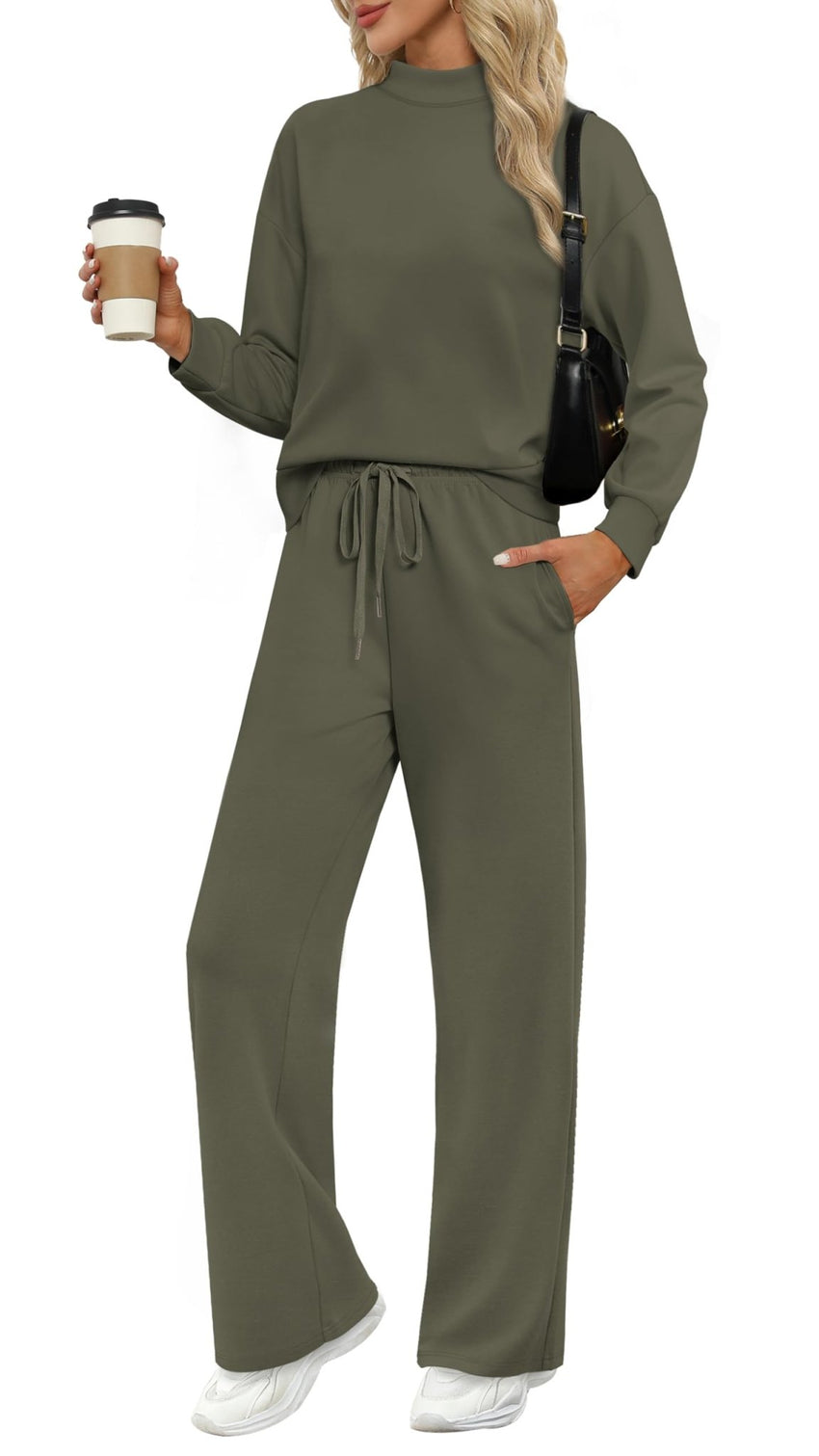 WIHOLL Two Piece Sets for Women Fall Outfits Lounge Sets Mock Neck Tops Wide Leg Pants Vacation Travel Airport Outfits - 7DAY'S