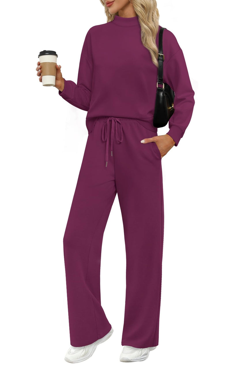 WIHOLL Two Piece Sets for Women Fall Outfits Lounge Sets Mock Neck Tops Wide Leg Pants Vacation Travel Airport Outfits - 7DAY'S