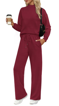 WIHOLL Two Piece Sets for Women Fall Outfits Lounge Sets Mock Neck Tops Wide Leg Pants Vacation Travel Airport Outfits - 7DAY'S
