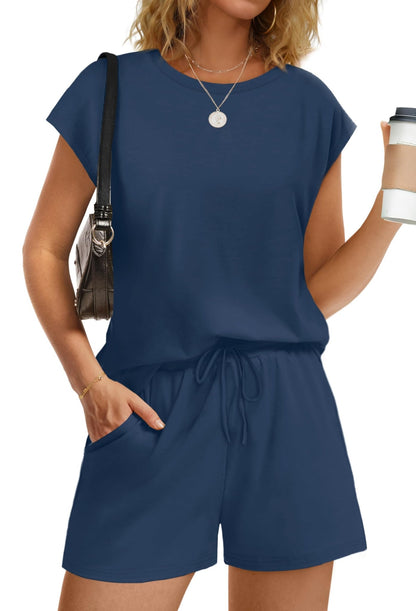 WIHOLL Two Piece Sets for Women Summer Crew Neck Lounge Short Sets Cap Sleeve Drawstring Sweatsuit with Pocket - 7DAY'S
