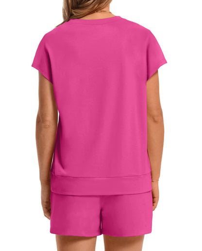 WIHOLL Two Piece Sets for Women Summer Crew Neck Lounge Short Sets Cap Sleeve Drawstring Sweatsuit with Pocket - 7DAY'S