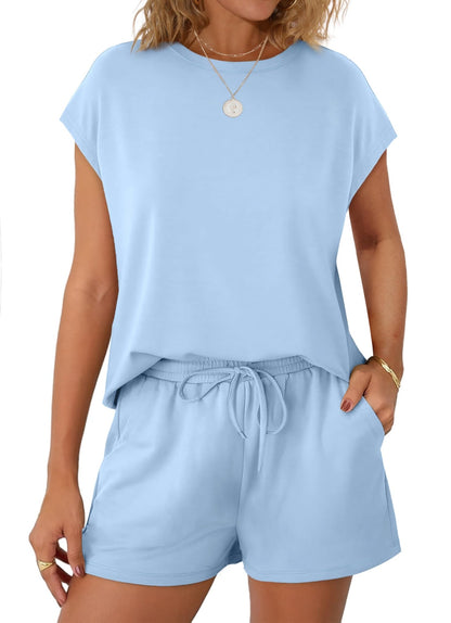 WIHOLL Two Piece Sets for Women Summer Crew Neck Lounge Short Sets Cap Sleeve Drawstring Sweatsuit with Pocket - 7DAY'S