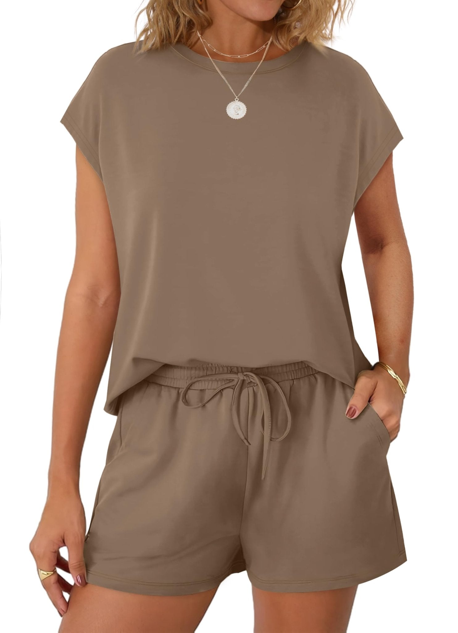 WIHOLL Two Piece Sets for Women Summer Crew Neck Lounge Short Sets Cap Sleeve Drawstring Sweatsuit with Pocket - 7DAY'S