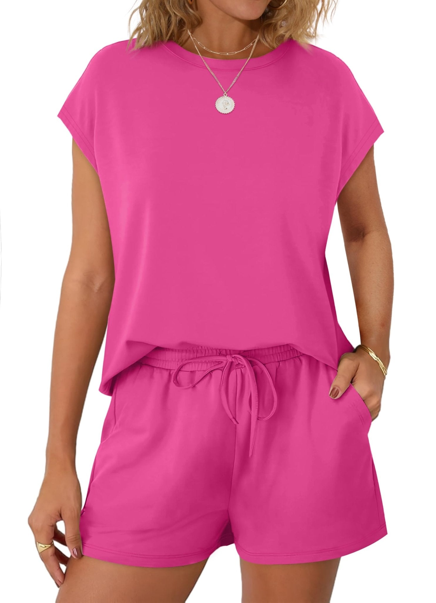 WIHOLL Two Piece Sets for Women Summer Crew Neck Lounge Short Sets Cap Sleeve Drawstring Sweatsuit with Pocket - 7DAY'S