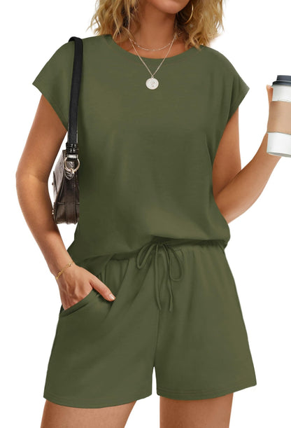 WIHOLL Two Piece Sets for Women Summer Crew Neck Lounge Short Sets Cap Sleeve Drawstring Sweatsuit with Pocket - 7DAY'S