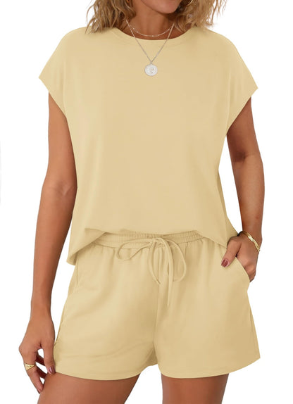 WIHOLL Two Piece Sets for Women Summer Crew Neck Lounge Short Sets Cap Sleeve Drawstring Sweatsuit with Pocket - 7DAY'S