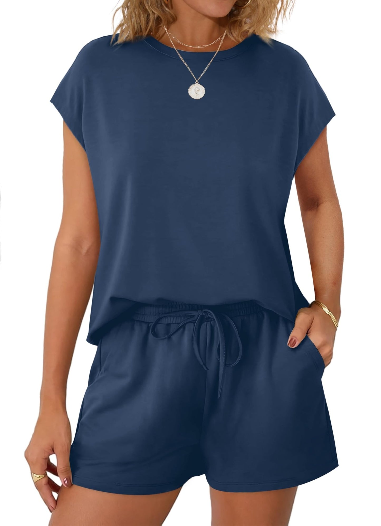 WIHOLL Two Piece Sets for Women Summer Crew Neck Lounge Short Sets Cap Sleeve Drawstring Sweatsuit with Pocket - 7DAY'S