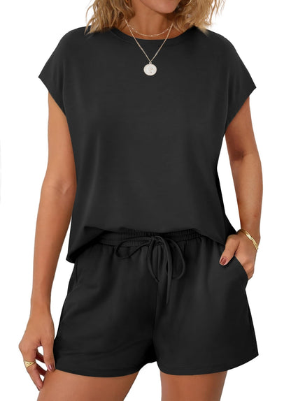 WIHOLL Two Piece Sets for Women Summer Crew Neck Lounge Short Sets Cap Sleeve Drawstring Sweatsuit with Pocket - 7DAY'S