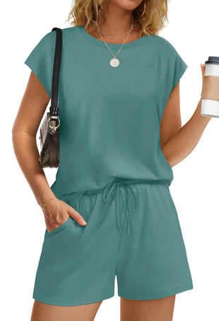 WIHOLL Two Piece Sets for Women Summer Crew Neck Lounge Short Sets Cap Sleeve Drawstring Sweatsuit with Pocket