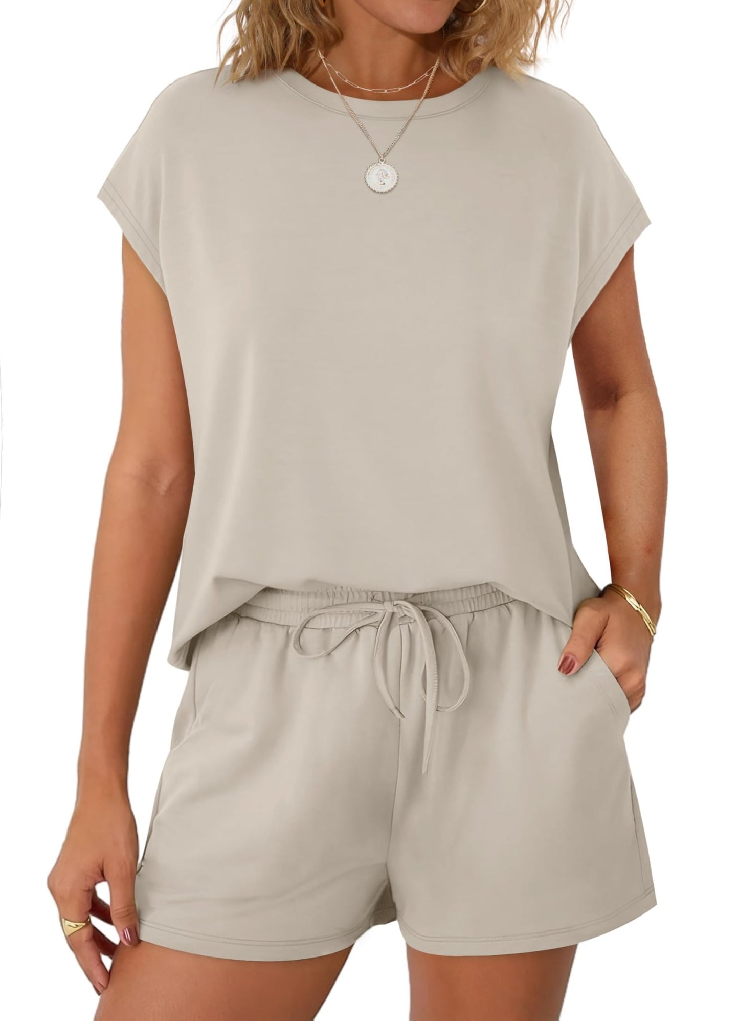 WIHOLL Two Piece Sets for Women Summer Crew Neck Lounge Short Sets Cap Sleeve Drawstring Sweatsuit with Pocket - 7DAY'S