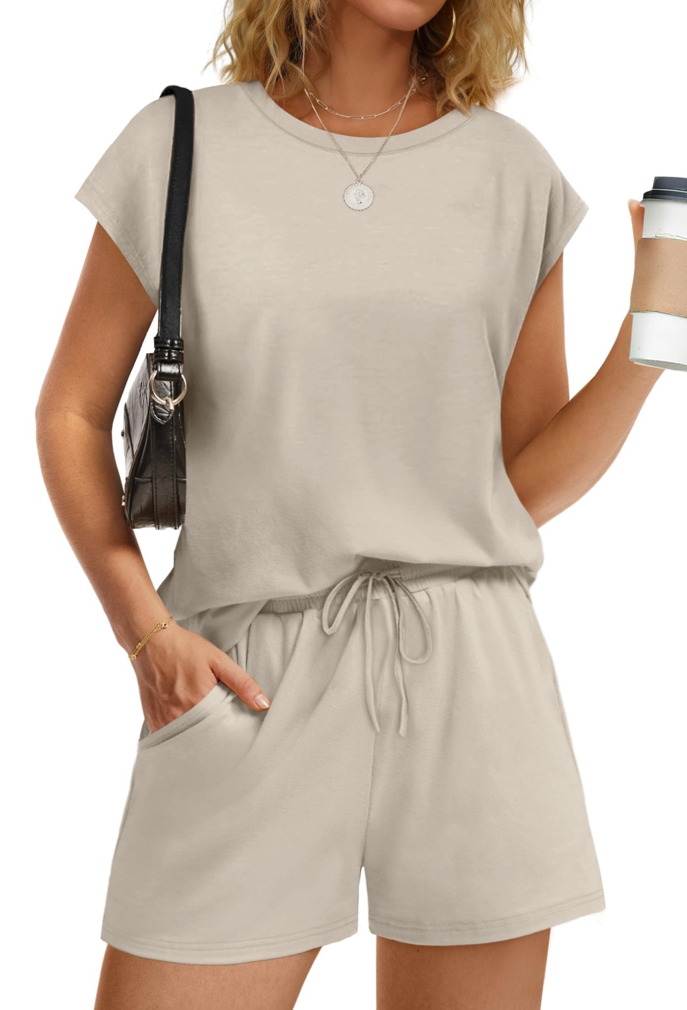 WIHOLL Two Piece Sets for Women Summer Crew Neck Lounge Short Sets Cap Sleeve Drawstring Sweatsuit with Pocket - 7DAY'S