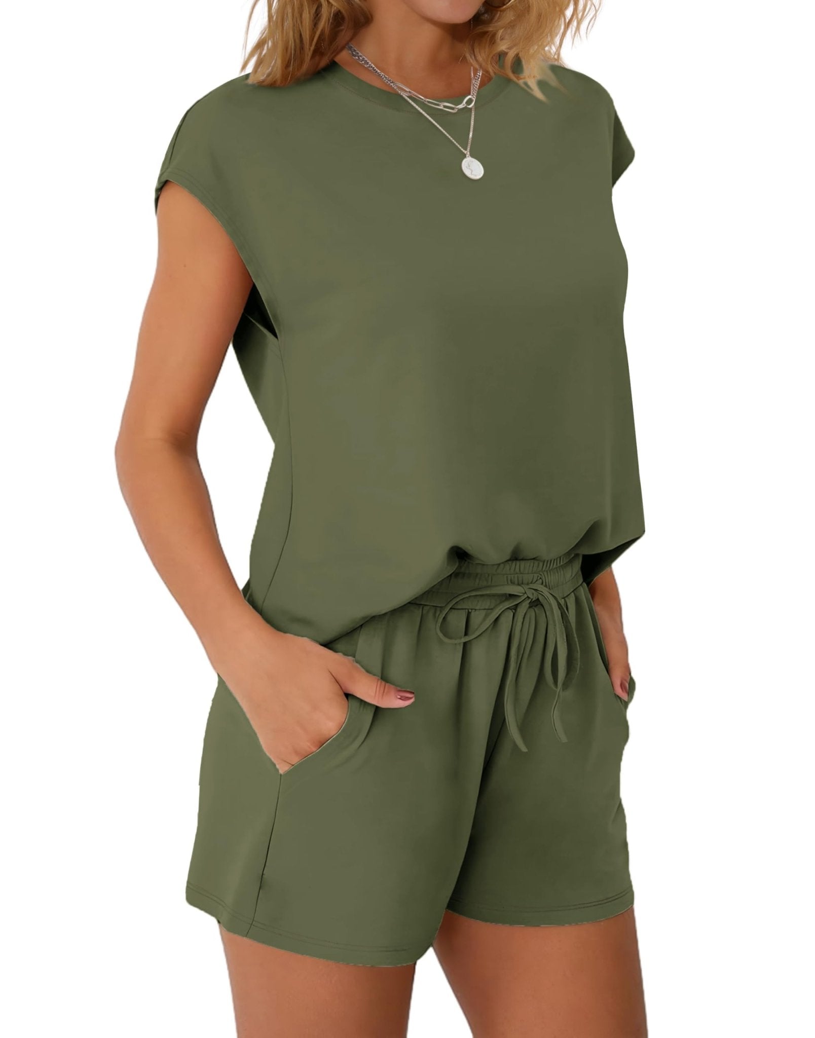 WIHOLL Two Piece Sets for Women Summer Crew Neck Lounge Short Sets Cap Sleeve Drawstring Sweatsuit with Pocket - 7DAY'S