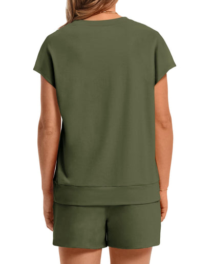 WIHOLL Two Piece Sets for Women Summer Crew Neck Lounge Short Sets Cap Sleeve Drawstring Sweatsuit with Pocket - 7DAY'S