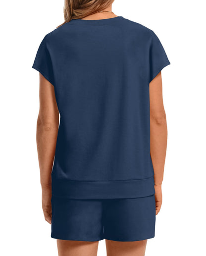 WIHOLL Two Piece Sets for Women Summer Crew Neck Lounge Short Sets Cap Sleeve Drawstring Sweatsuit with Pocket - 7DAY'S