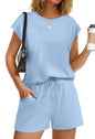 WIHOLL Two Piece Sets for Women Summer Crew Neck Lounge Short Sets Cap Sleeve Drawstring Sweatsuit with Pocket - 7DAY'S