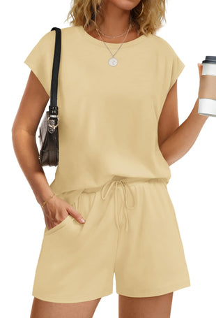 WIHOLL Two Piece Sets for Women Summer Crew Neck Lounge Short Sets Cap Sleeve Drawstring Sweatsuit with Pocket - 7DAY'S