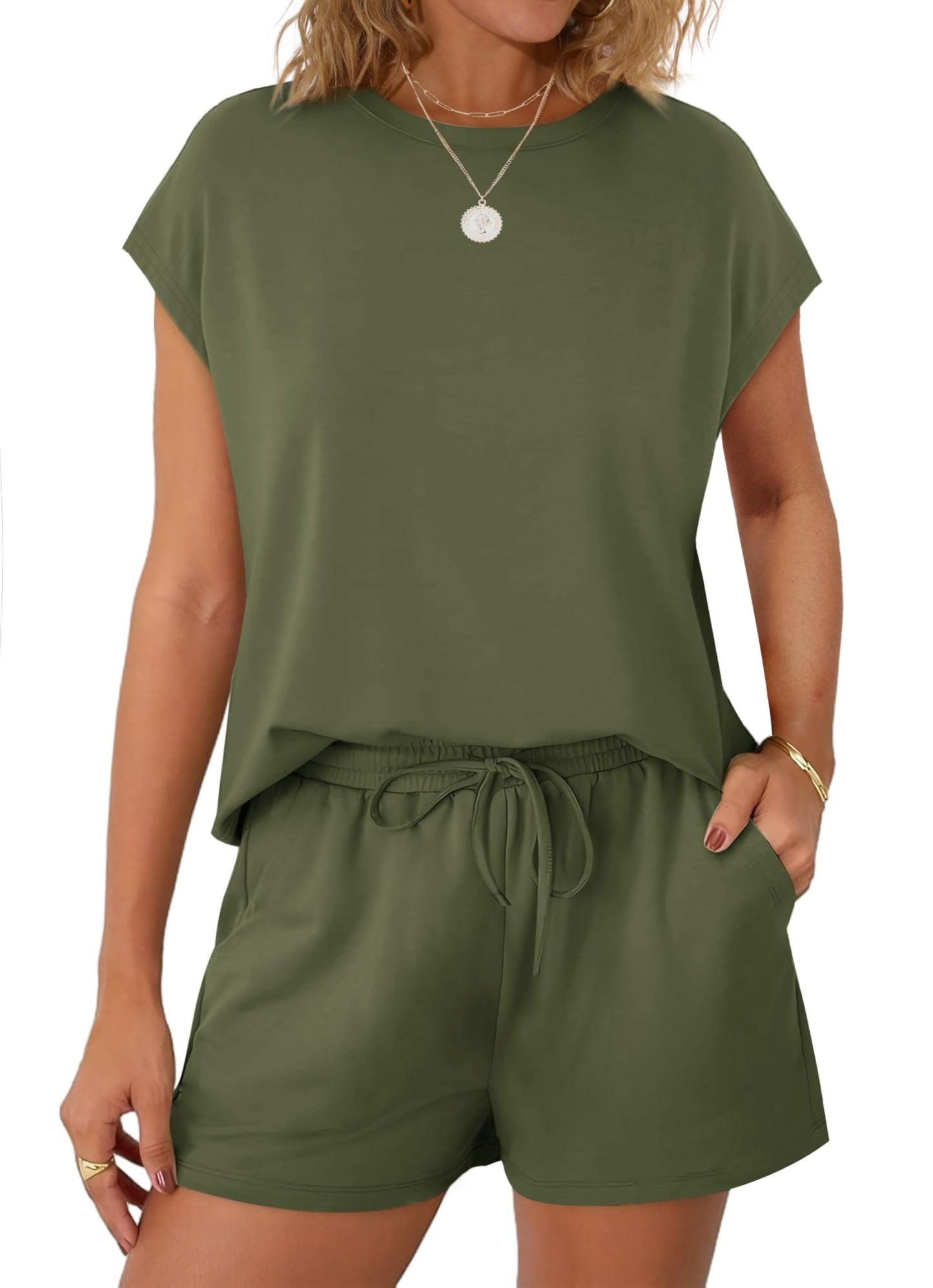 WIHOLL Two Piece Sets for Women Summer Crew Neck Lounge Short Sets Cap Sleeve Drawstring Sweatsuit with Pocket - 7DAY'S