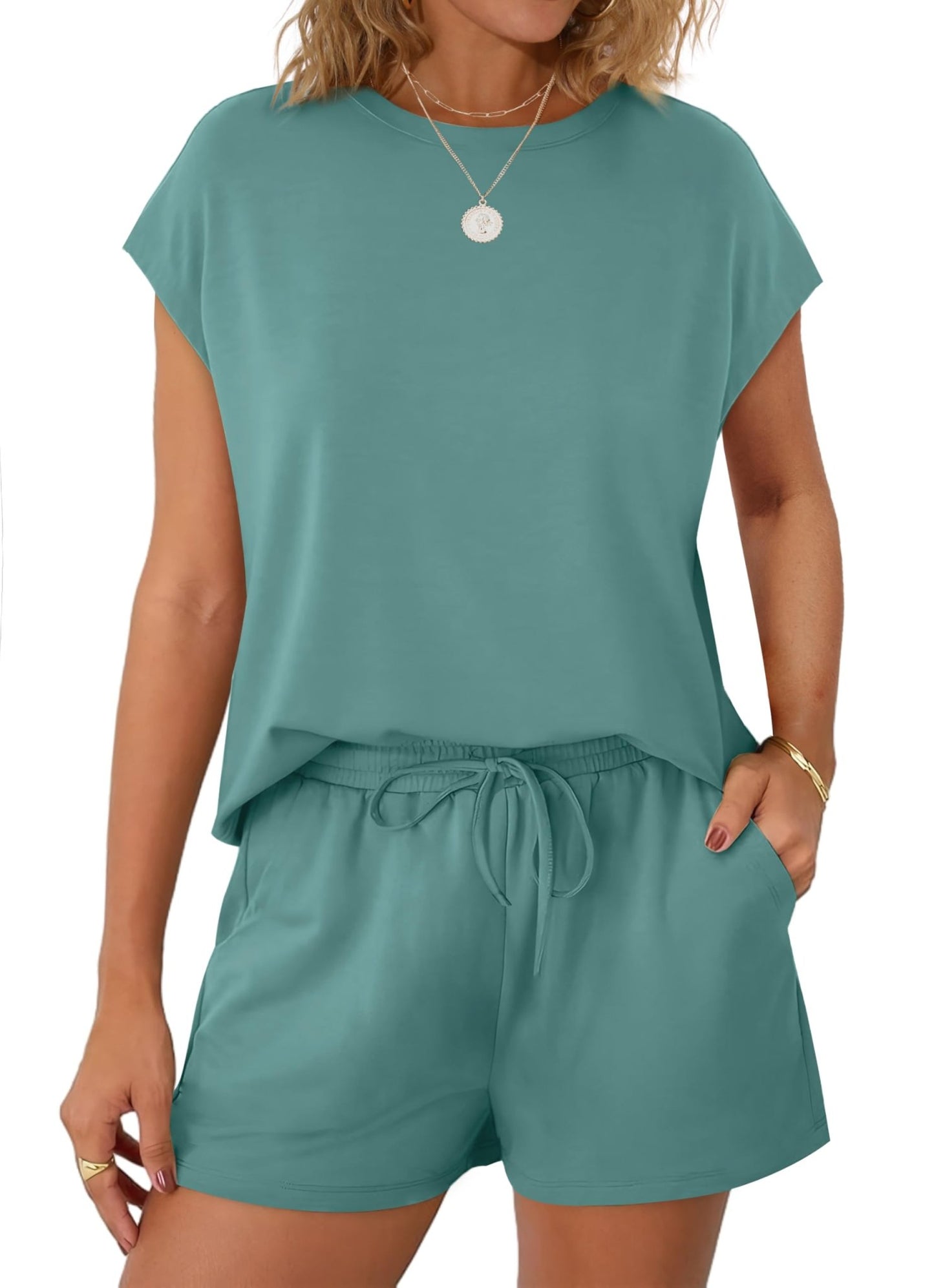 WIHOLL Two Piece Sets for Women Summer Crew Neck Lounge Short Sets Cap Sleeve Drawstring Sweatsuit with Pocket - 7DAY'S