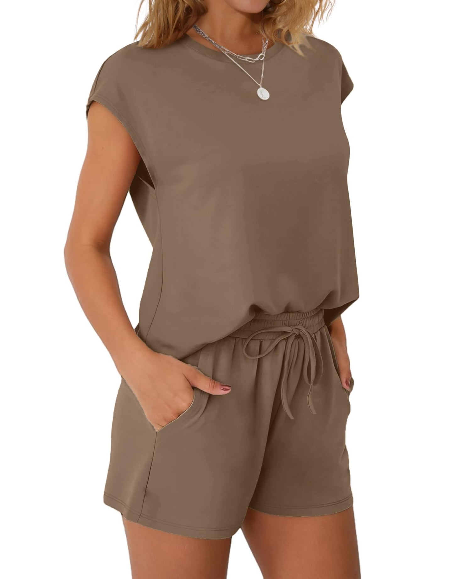 WIHOLL Two Piece Sets for Women Summer Crew Neck Lounge Short Sets Cap Sleeve Drawstring Sweatsuit with Pocket - 7DAY'S