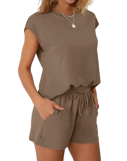 WIHOLL Two Piece Sets for Women Summer Crew Neck Lounge Short Sets Cap Sleeve Drawstring Sweatsuit with Pocket - 7DAY'S
