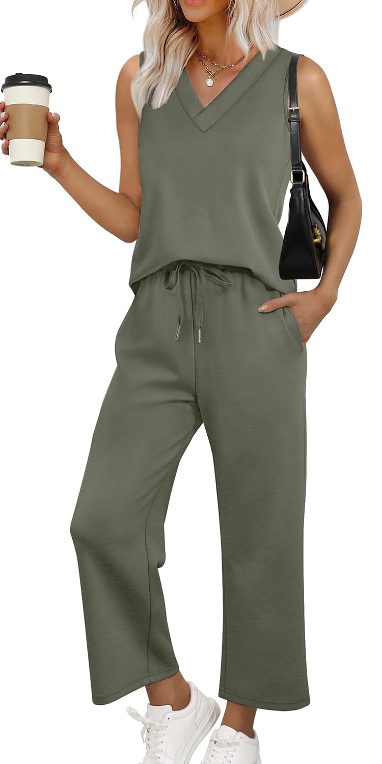 WIHOLL Two Piece Sets for Women Summer Outfits Matching Lounge Sets Wide Leg Crop Pants Vacation Travel - 7DAY'S