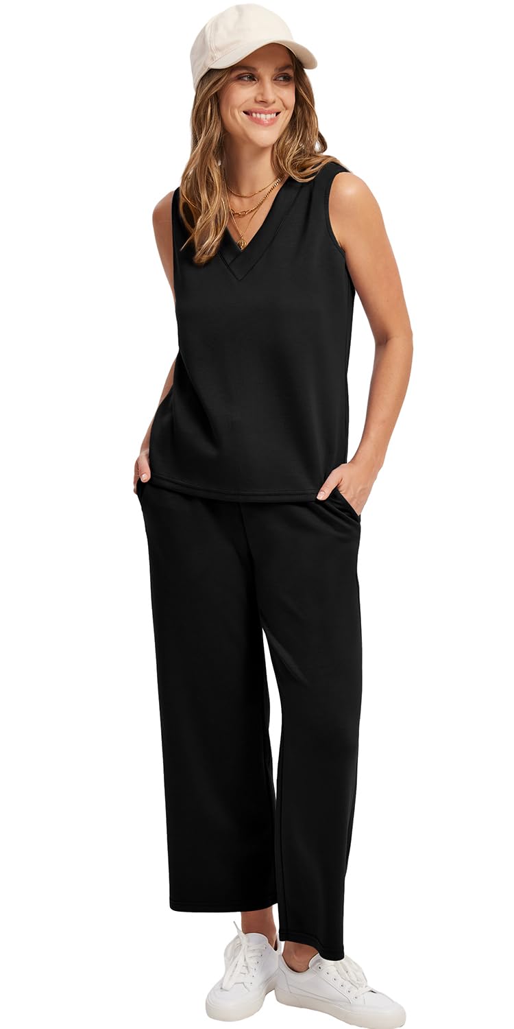 WIHOLL Two Piece Sets for Women Summer Outfits Matching Lounge Sets Wide Leg Crop Pants Vacation Travel - 7DAY'S