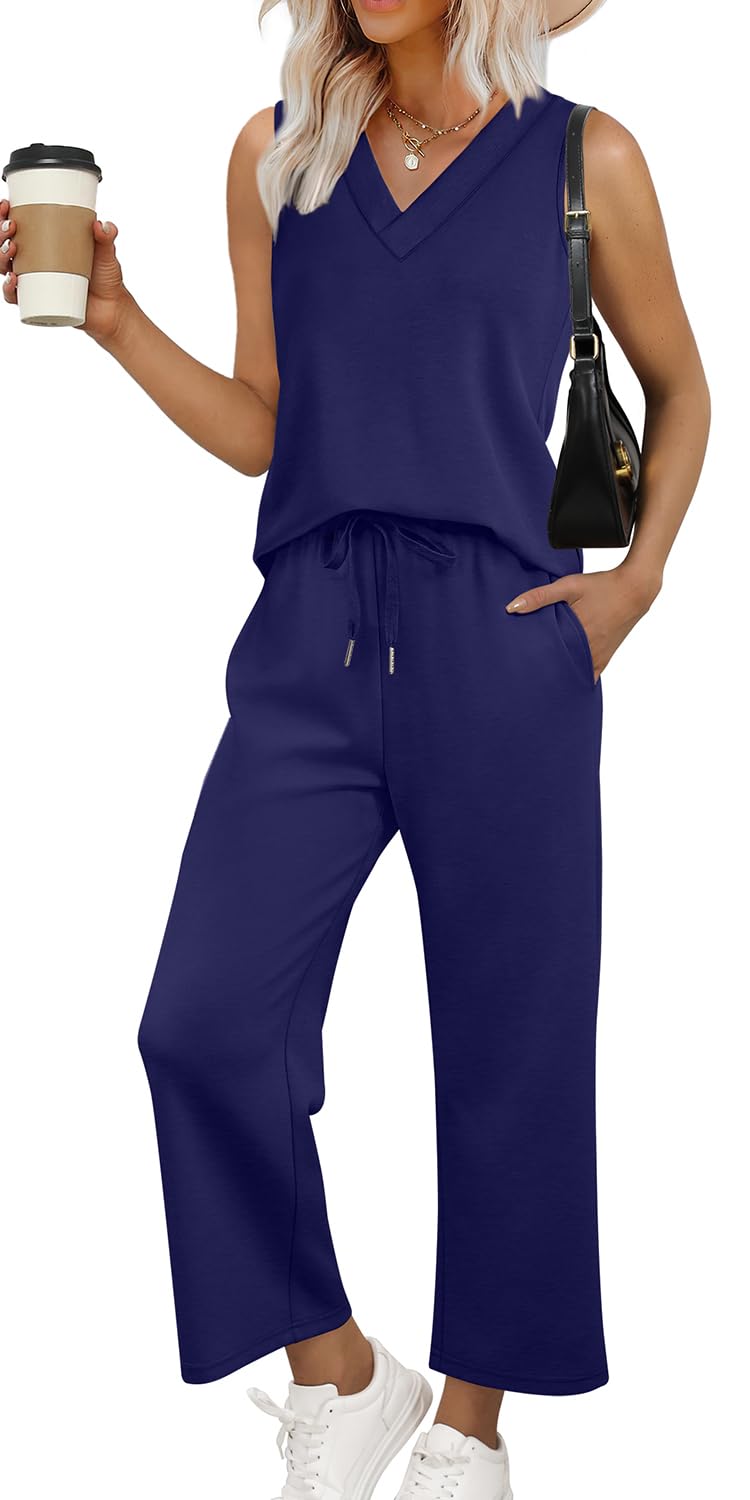 WIHOLL Two Piece Sets for Women Summer Outfits Matching Lounge Sets Wide Leg Crop Pants Vacation Travel - 7DAY'S