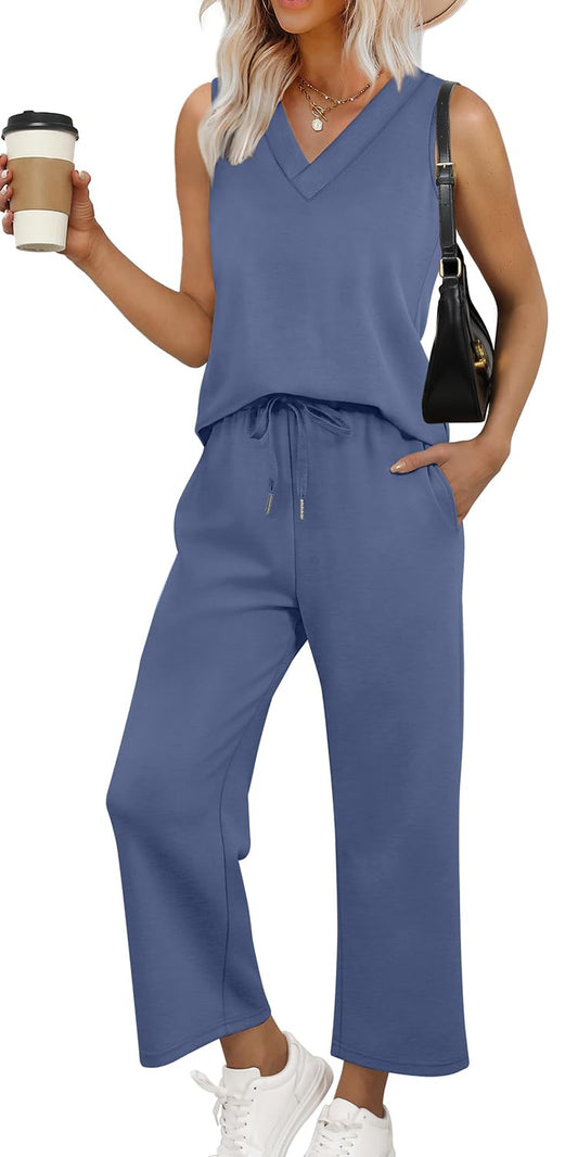 WIHOLL Two Piece Sets for Women Summer Outfits Matching Lounge Sets Wide Leg Crop Pants Vacation Travel - 7DAY'S
