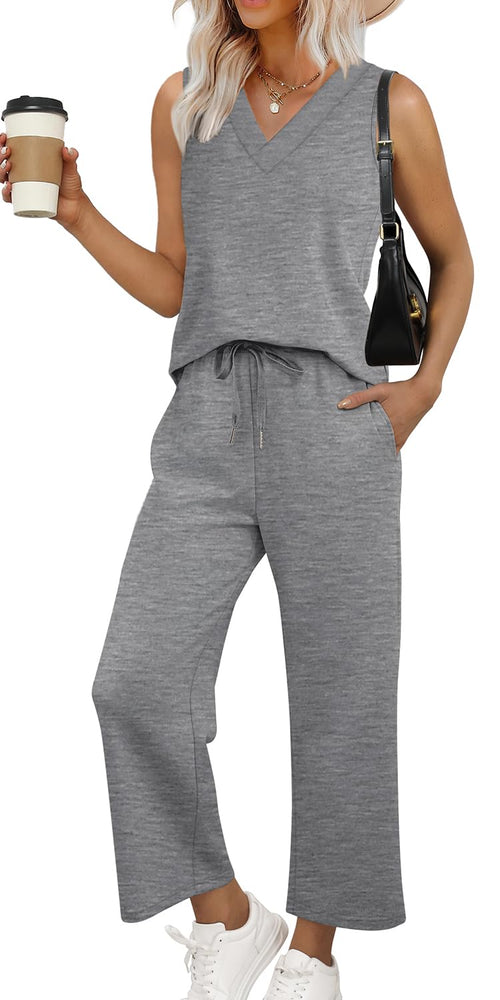 WIHOLL Two Piece Sets for Women Summer Outfits Matching Lounge Sets Wide Leg Crop Pants Vacation Travel - 7DAY'S