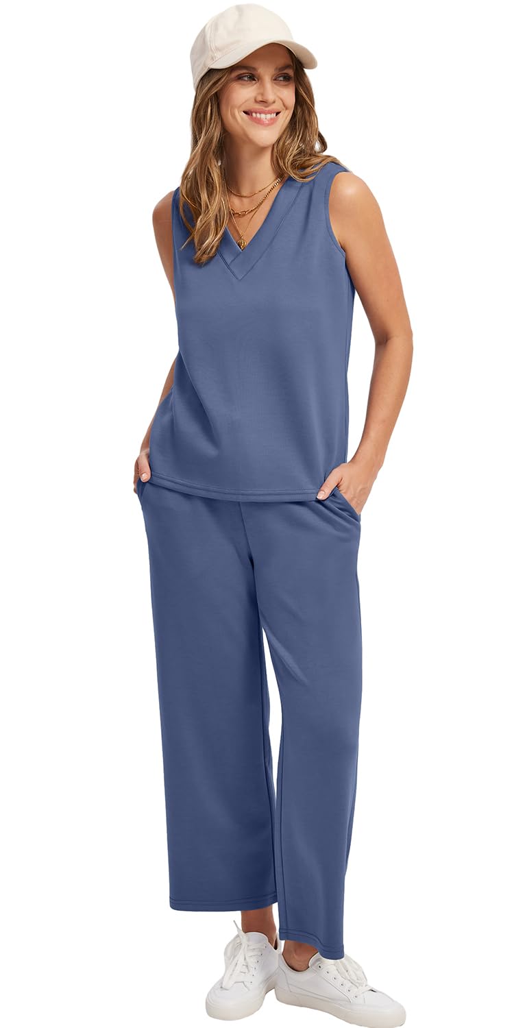 WIHOLL Two Piece Sets for Women Summer Outfits Matching Lounge Sets Wide Leg Crop Pants Vacation Travel - 7DAY'S