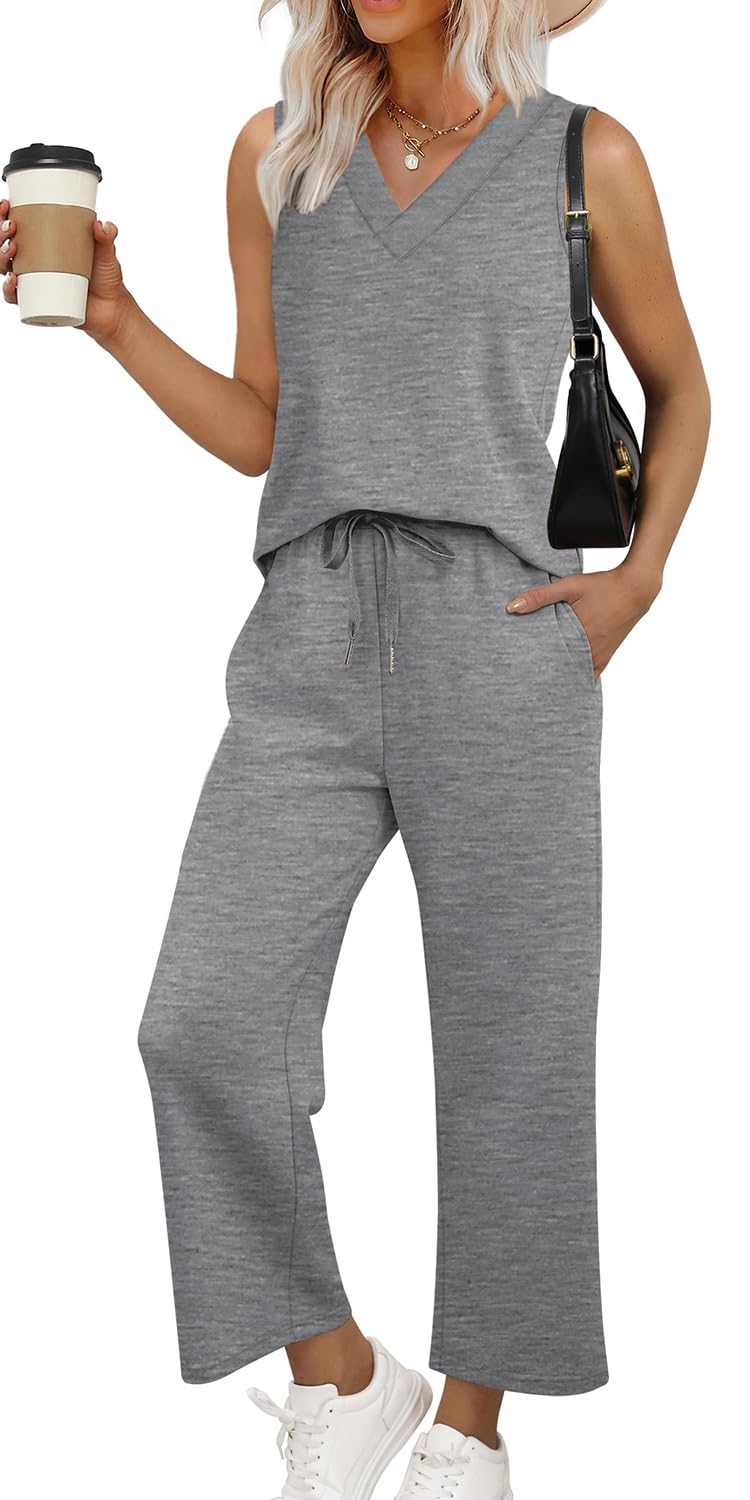 WIHOLL Two Piece Sets for Women Summer Outfits Matching Lounge Sets Wide Leg Crop Pants Vacation Travel - 7DAY'S