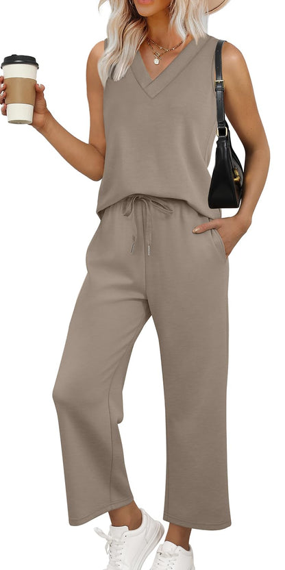 WIHOLL Two Piece Sets for Women Summer Outfits Matching Lounge Sets Wide Leg Crop Pants Vacation Travel - 7DAY'S