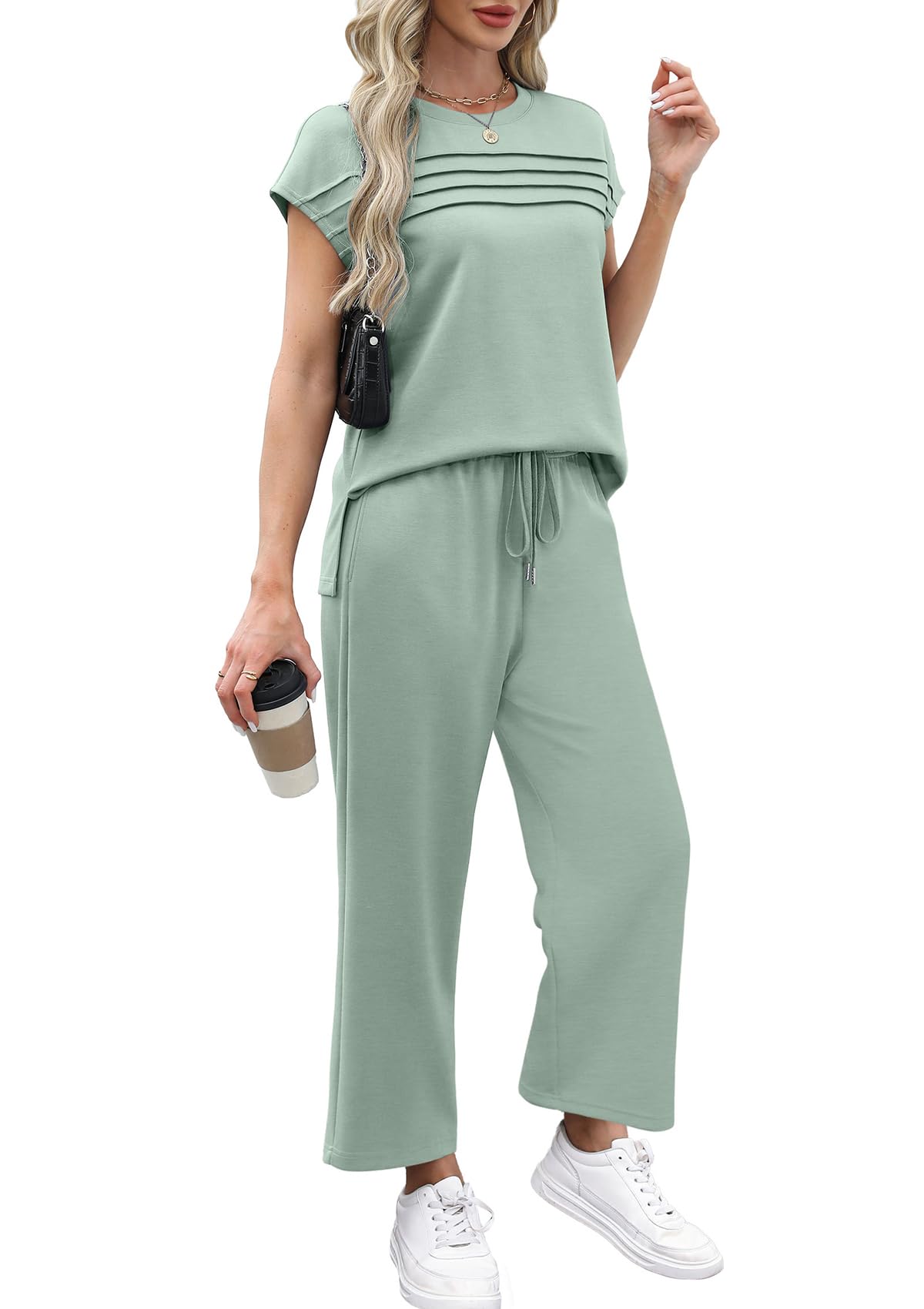 WIHOLL Two Piece Sets for Women Summer Travel Vacation Outfits Cap Sleeve Lounge Matching Sets Wide Leg Pants S - 3XL - 7DAY'S