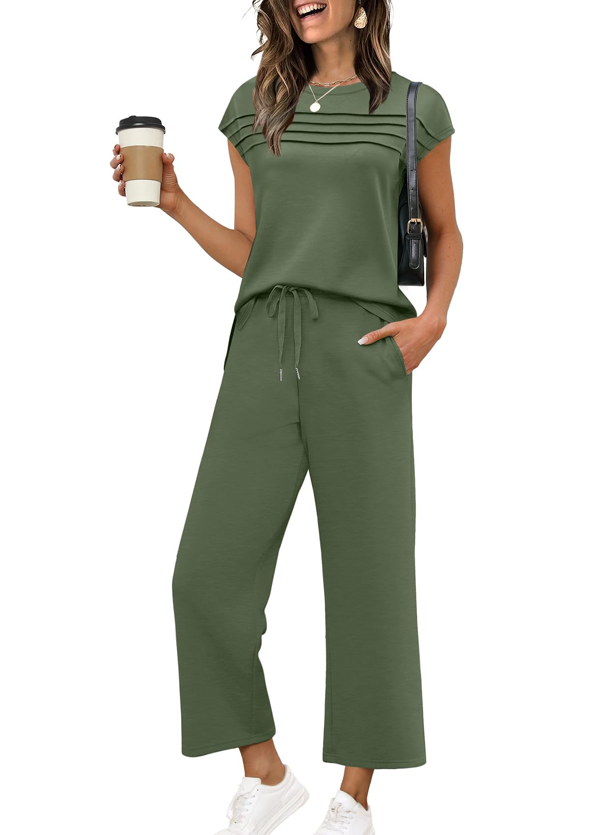 WIHOLL Two Piece Sets for Women Summer Travel Vacation Outfits Cap Sleeve Lounge Matching Sets Wide Leg Pants S - 3XL - 7DAY'S