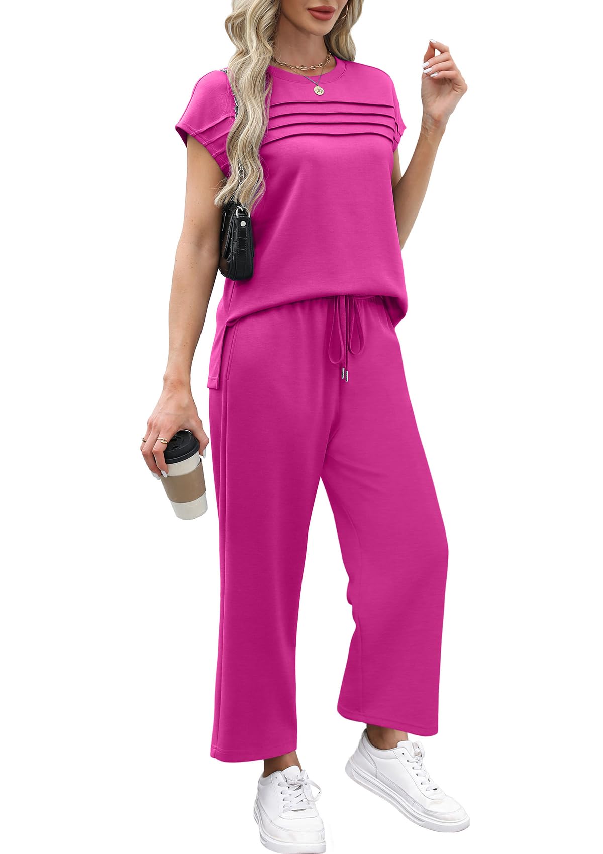 WIHOLL Two Piece Sets for Women Summer Travel Vacation Outfits Cap Sleeve Lounge Matching Sets Wide Leg Pants S - 3XL - 7DAY'S