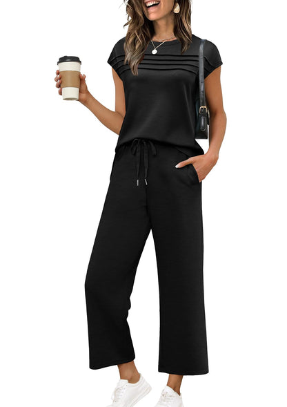 WIHOLL Two Piece Sets for Women Summer Travel Vacation Outfits Cap Sleeve Lounge Matching Sets Wide Leg Pants S - 3XL - 7DAY'S