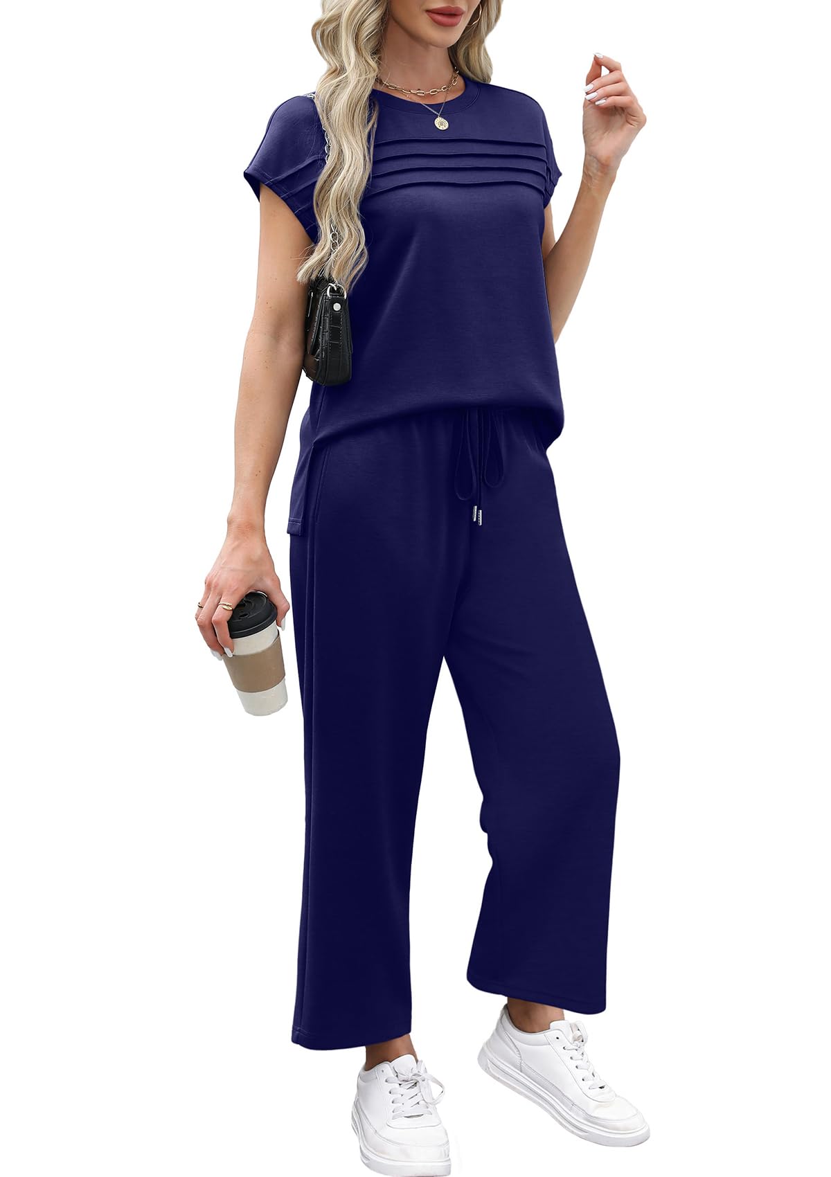 WIHOLL Two Piece Sets for Women Summer Travel Vacation Outfits Cap Sleeve Lounge Matching Sets Wide Leg Pants S - 3XL - 7DAY'S